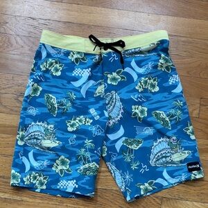 Hurley Blue Tropical Print Boys' Swim Trunks with Yellow Waistband